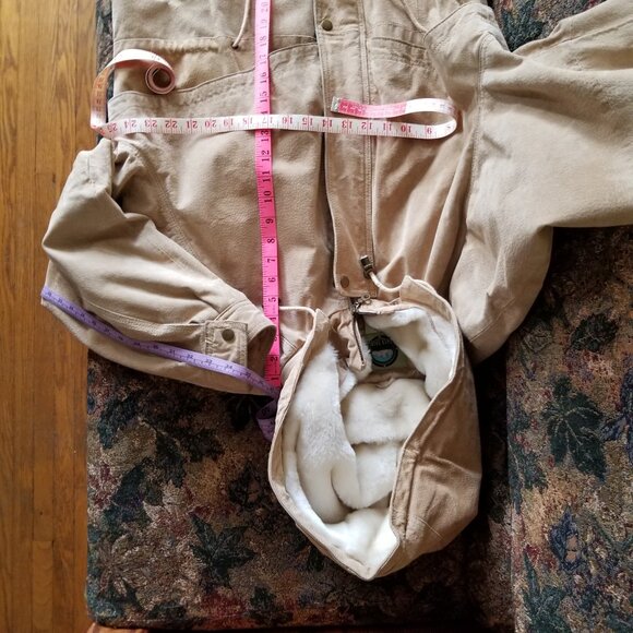 Vintage 80s, suede leather coat, fur fabric lined hood, XL by Weather Spirits - Picture 13 of 15